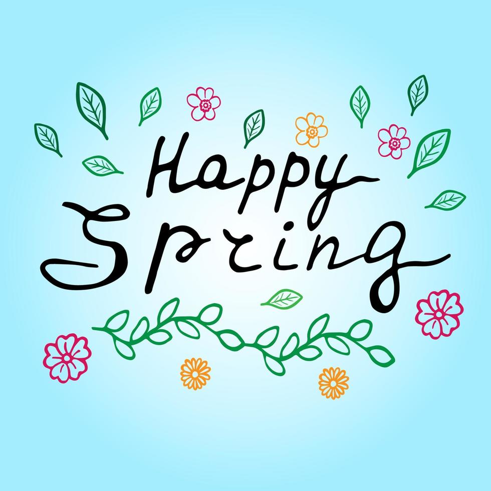 Vector illustration of happy spring lettering on blue background with decortive elements. Spring card