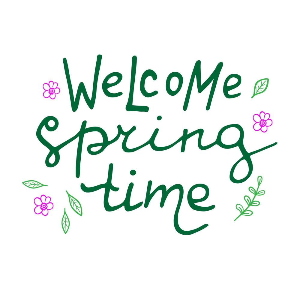 Vector illustration of welcom spring time lettering isolated with decortive elements. Spring card