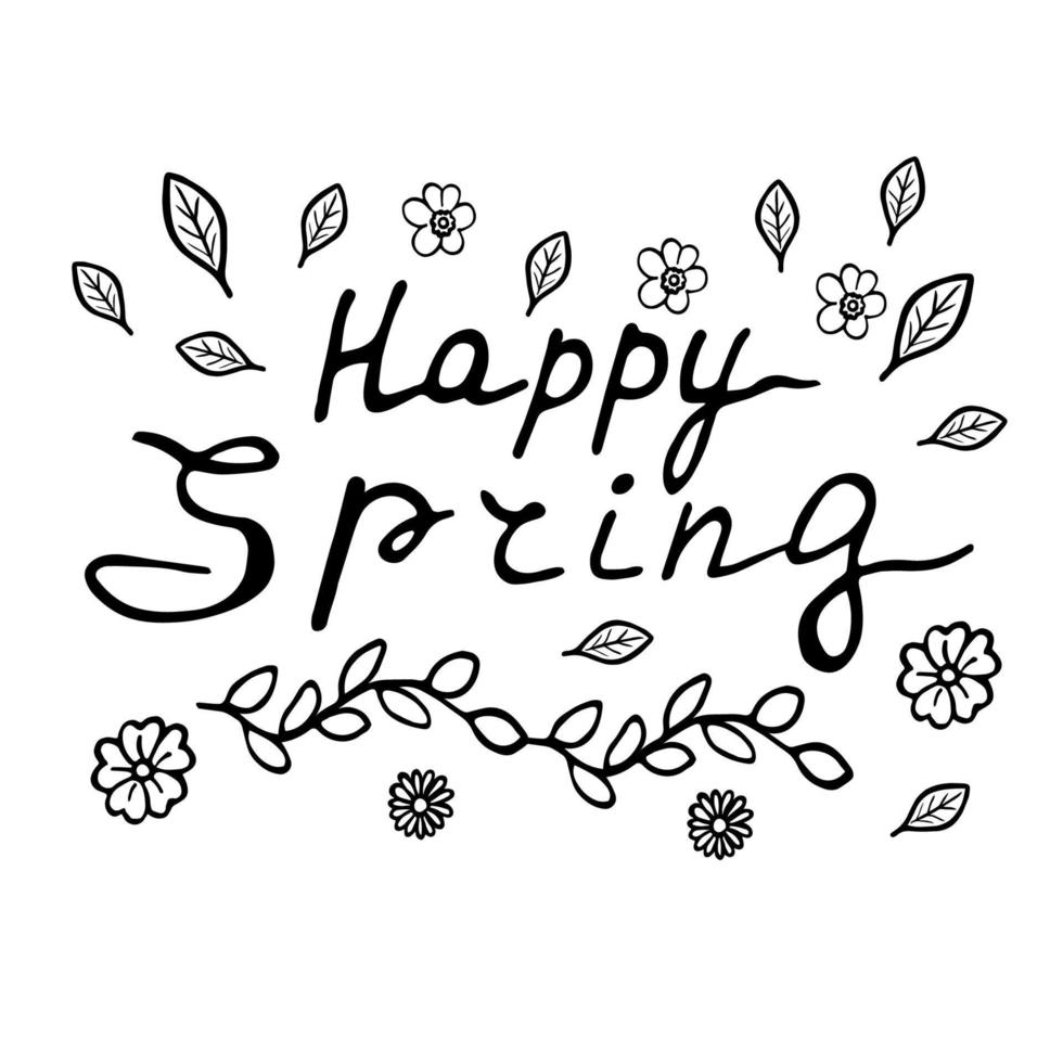 Vector illustration of happy spring lettering isolated with decortive elements. Spring card