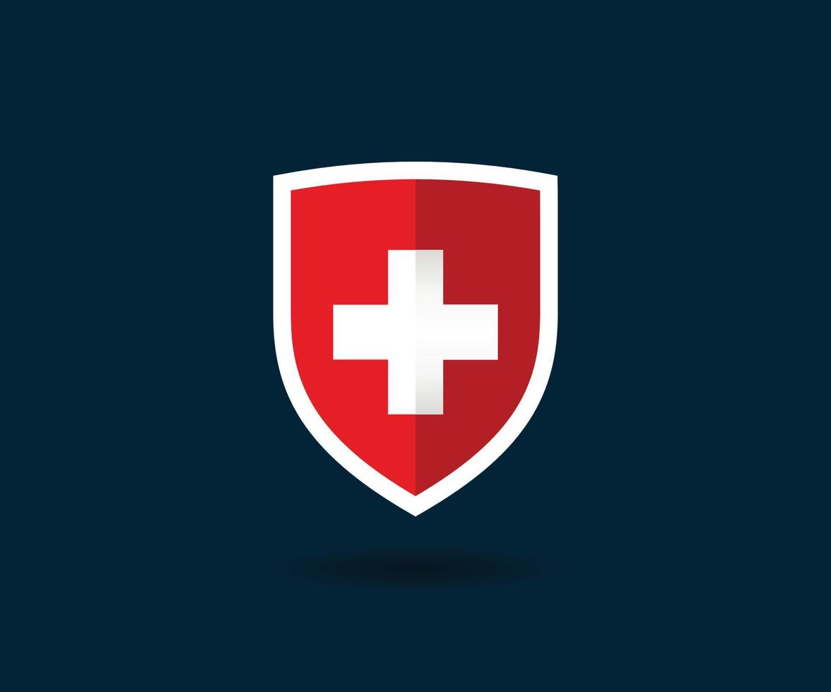 Medical shield logo with red cross. Protected guard shield icon symbol. vector