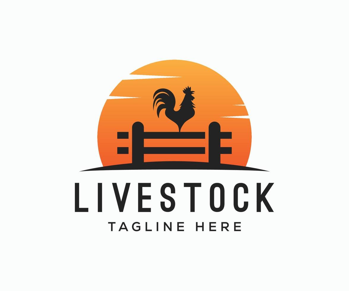 Chicken farm logo vector illustration design. Rooster on fence vintage logo design. Livestock logo