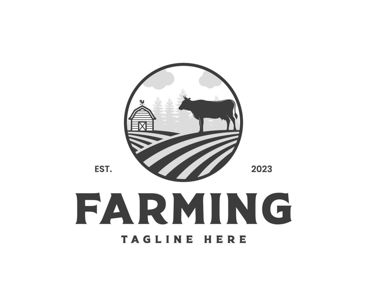 Vintage cattle farm logo icon and template. Cattle farm and barn house logo template vector