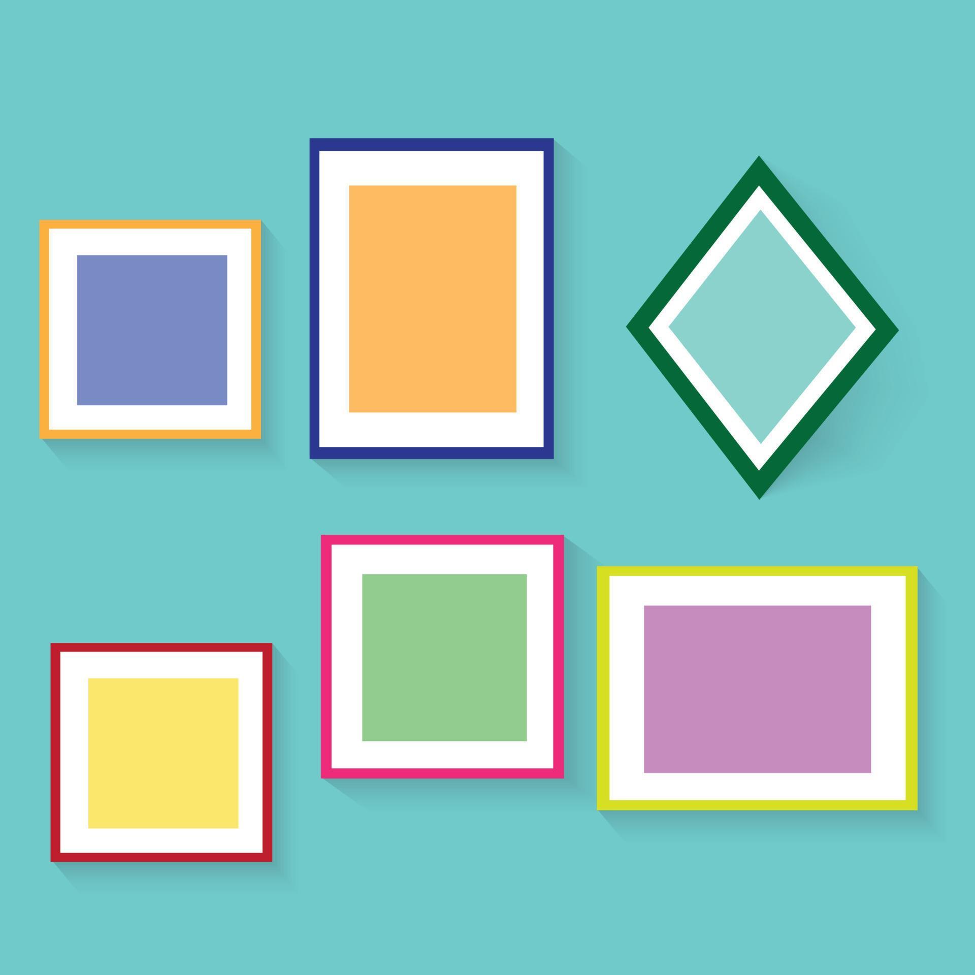 Colorful empty photo frame set hanging on grey wall blank realistic