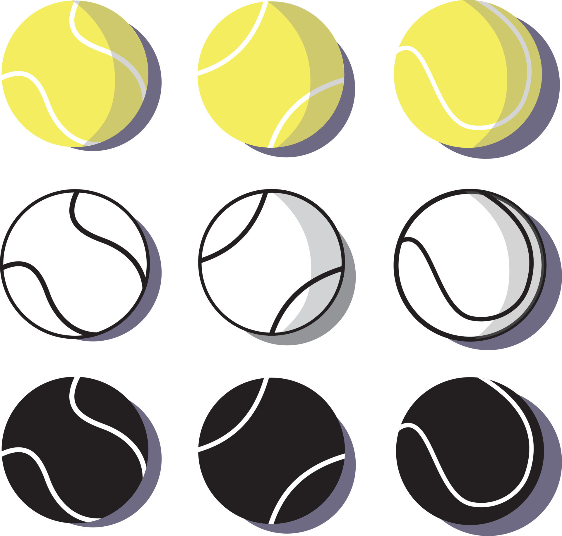 Set of yellow, green and black volume tennis balls on white background