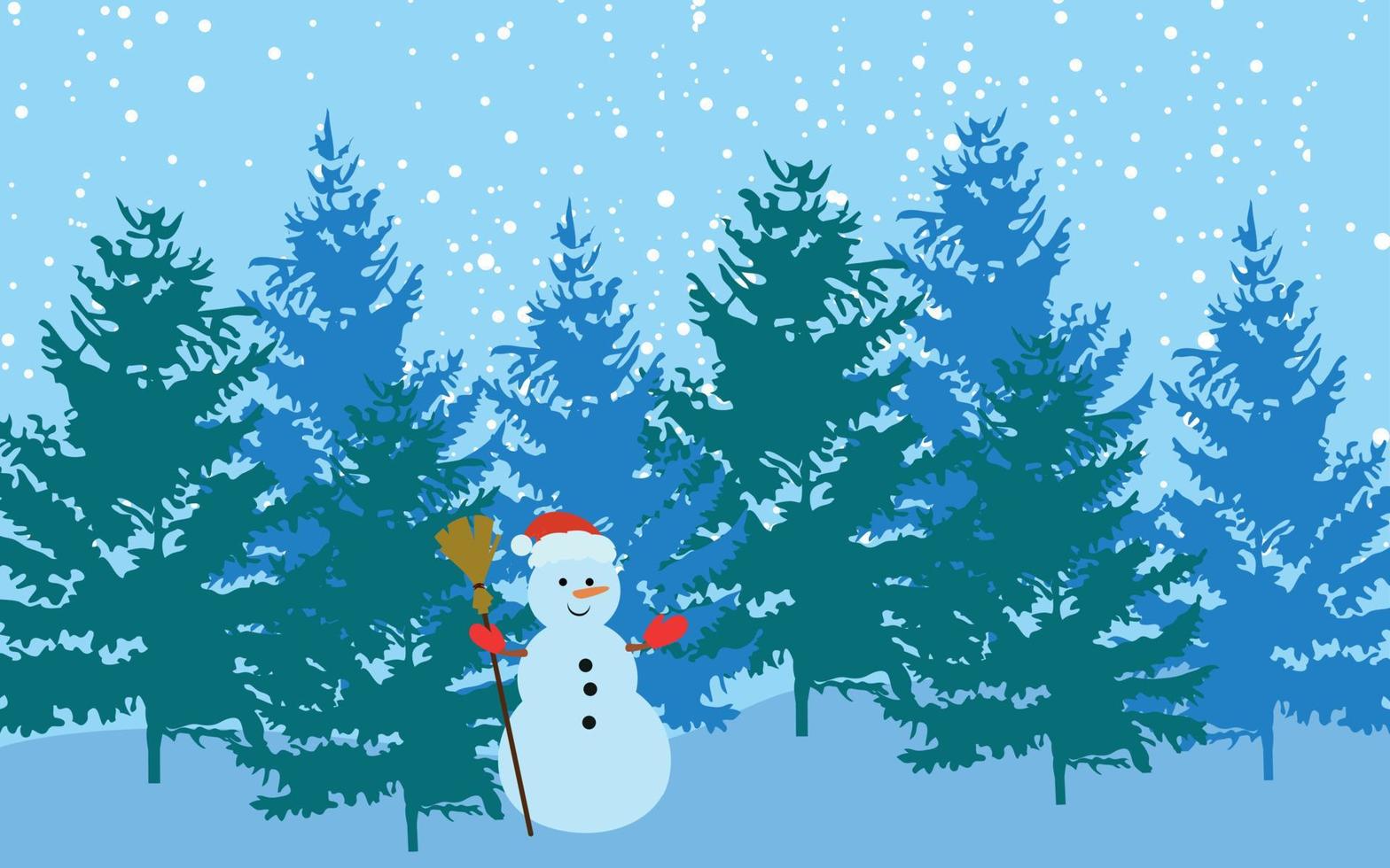Vector illustration of a winter night forest with a greeting snowman, Christmas snow background