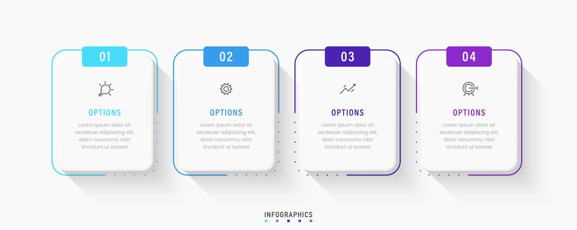 plantilla de diseño de etiquetas infográficas vectoriales con iconos y 4 opciones o pasos. se puede utilizar para diagramas de proceso, presentaciones, diseño de flujo de trabajo, banner, diagrama de flujo, gráfico de información. vector