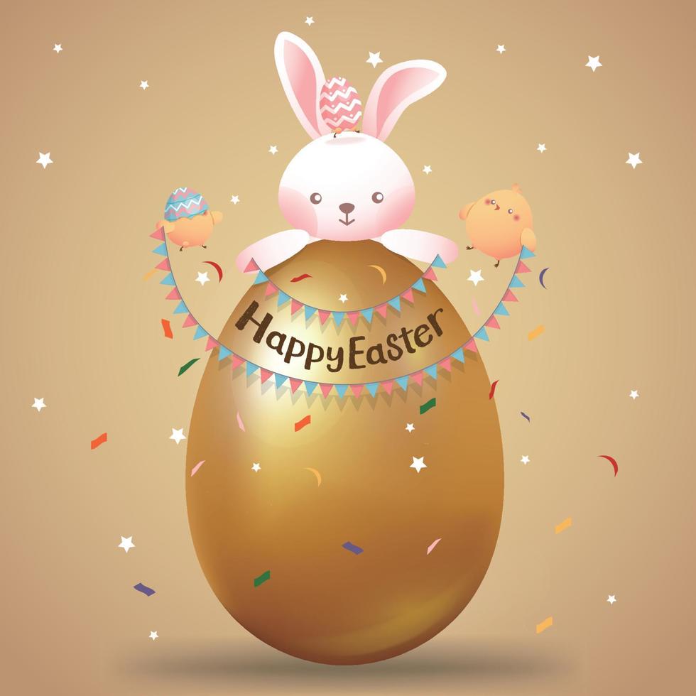 Hare and chick are laying Easter golden eggs, congratulate Happy Easter vector
