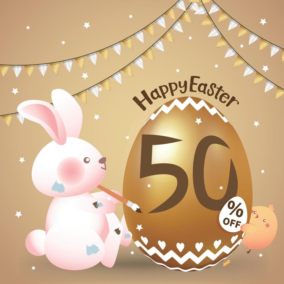 Rabbit writes great discounts for golden eggs on golden background for Easter sale vector