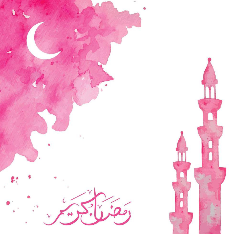 Ramadan greeting design, crescent moon over the color splash background and watercolor mosque minarets illustration vector