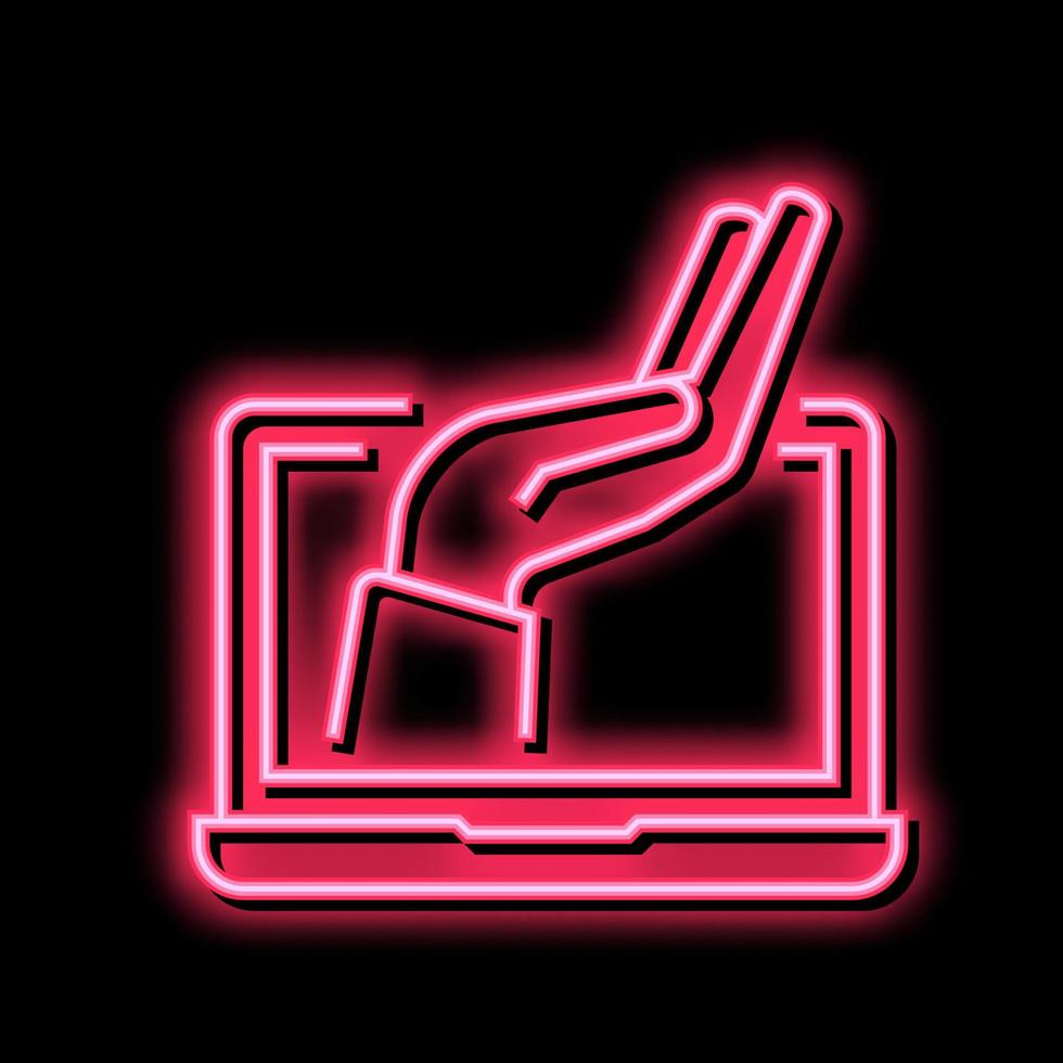 hand on laptop screen neon glow icon illustration vector