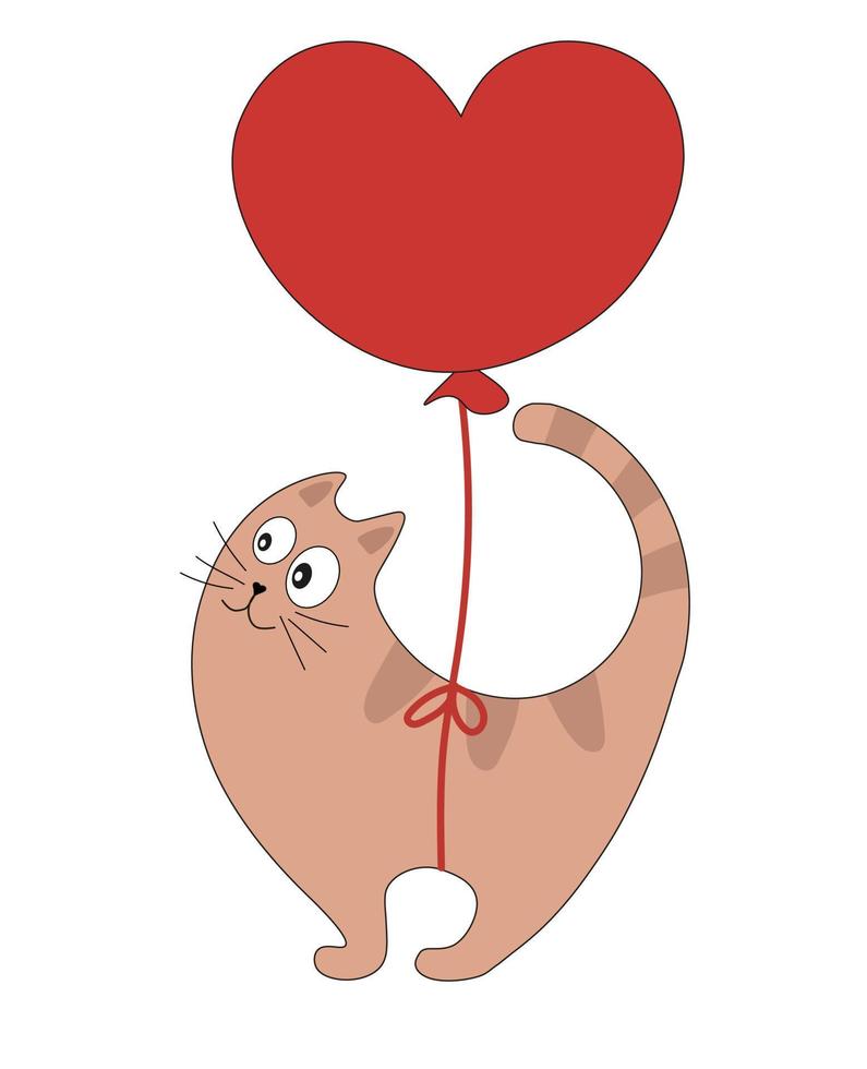 Cute cat flying on red balloon in form heart. Vector illustration cat Valentine Day for greeting card or poster.