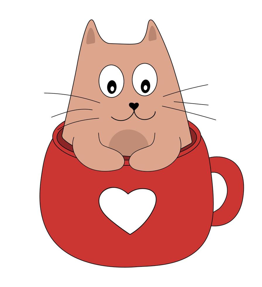 Cute cat in red cup with heart. Romantic Valentines Day vector illustration for greeting card or poster.