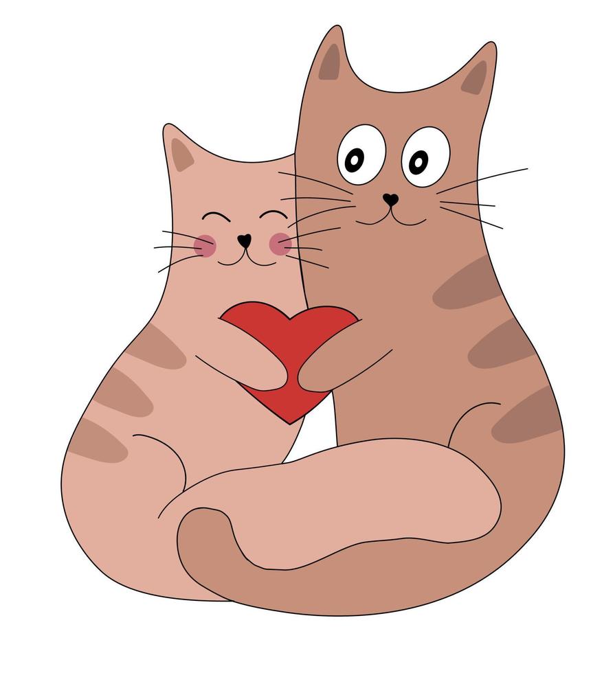 Cute two cats in love with a heart in their paws. Romantic Valentines Day vector illustration for greeting card or poster.