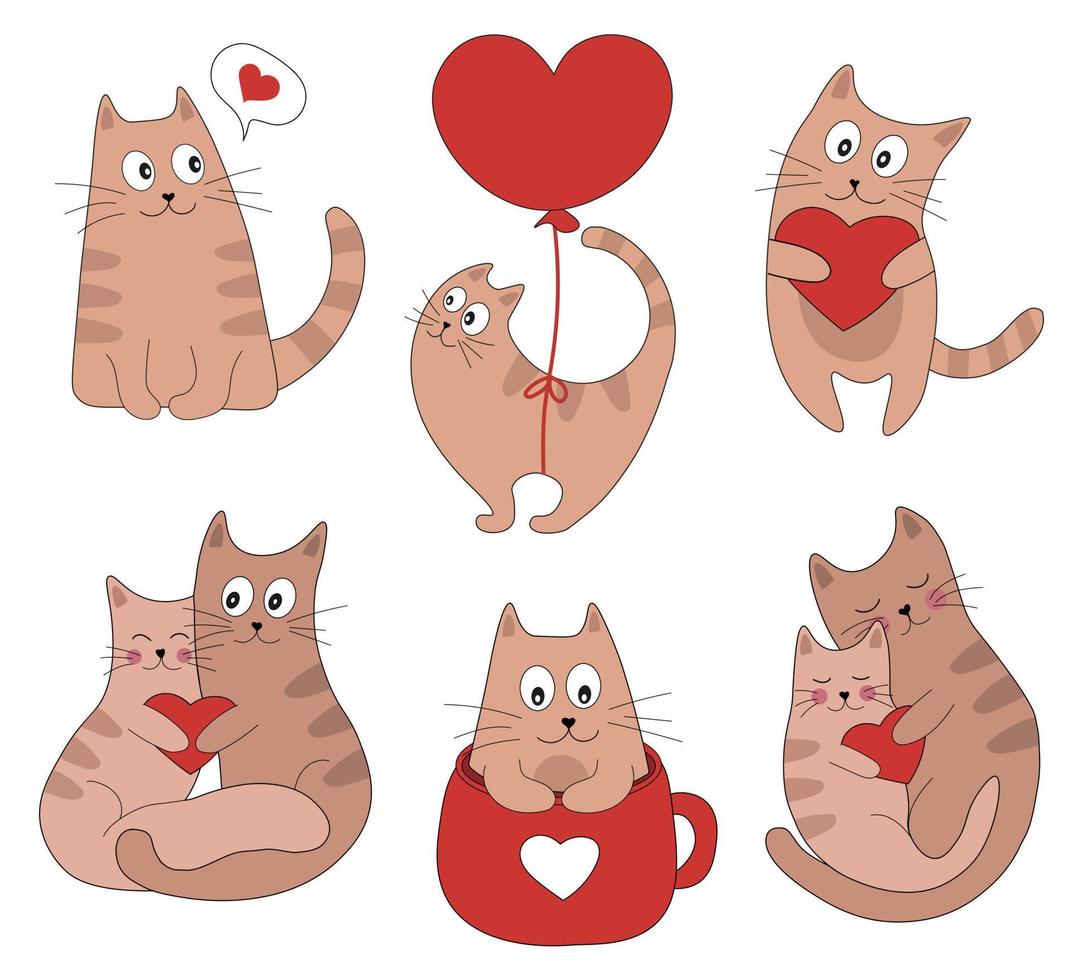 Cute cats in love collection. Romantic Valentines Day set for greeting card or poster. Cat with heart, kitten in cup, cats love, flying cat on balloon. Flyers, invitation. Vector concept illustration.