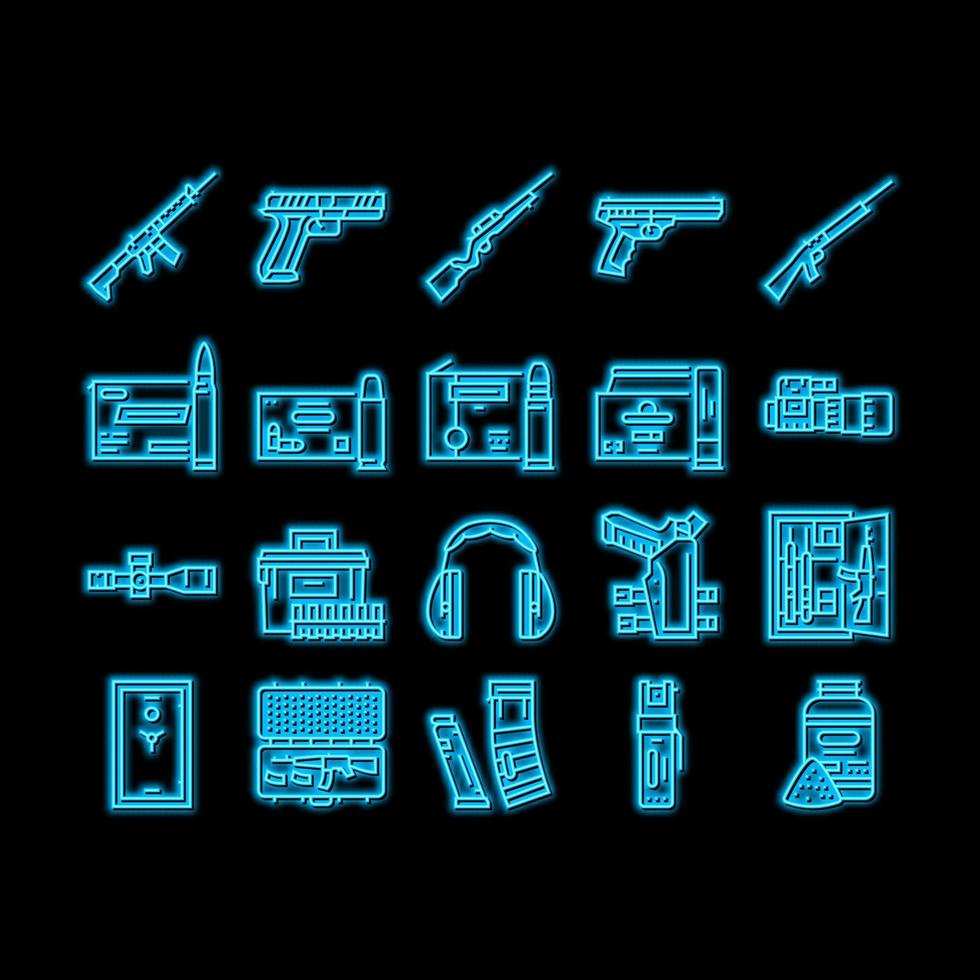 disparo arma y accesorios neón resplandor icono ilustración vector