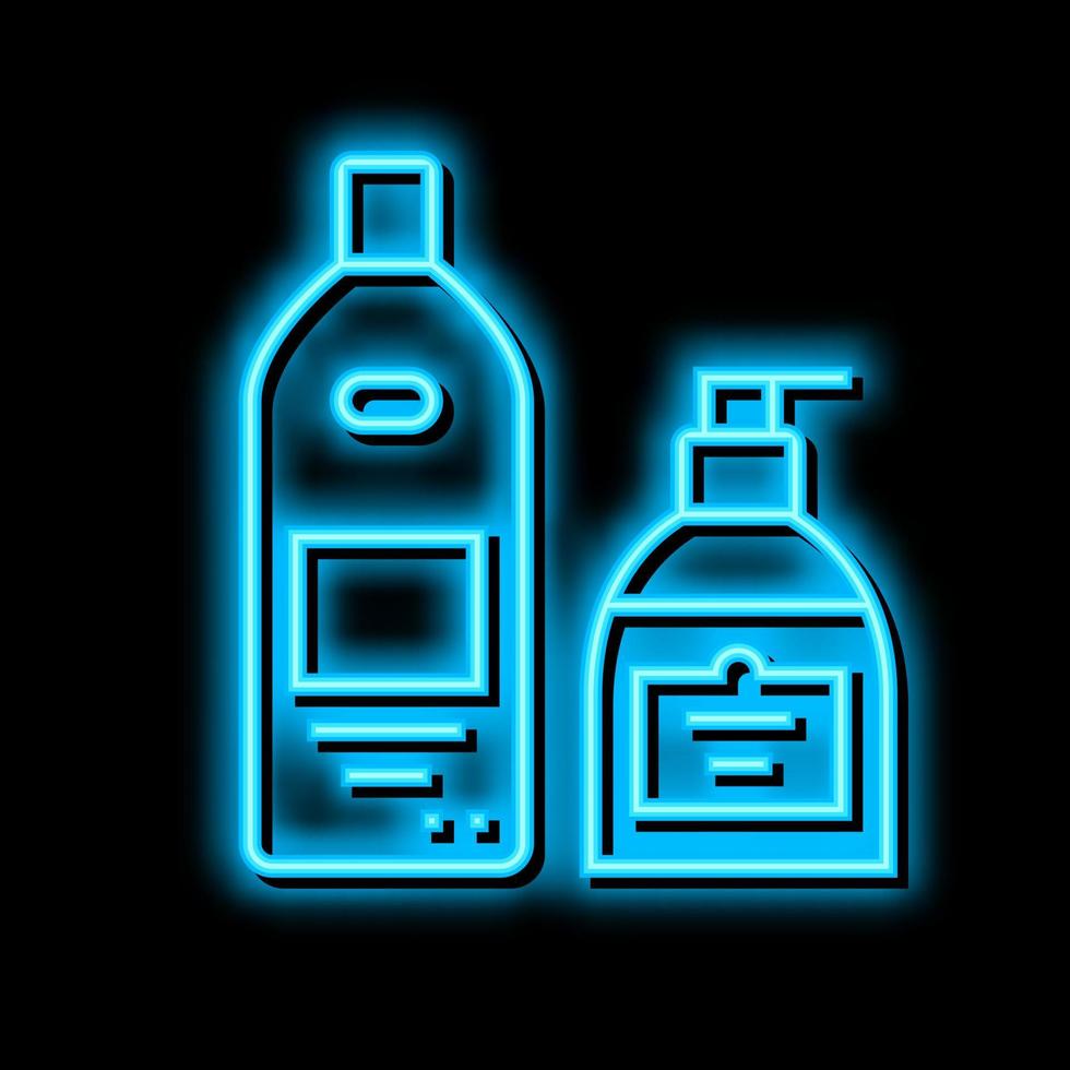 ducha gel, jabón y crema botellas neón resplandor icono ilustración vector