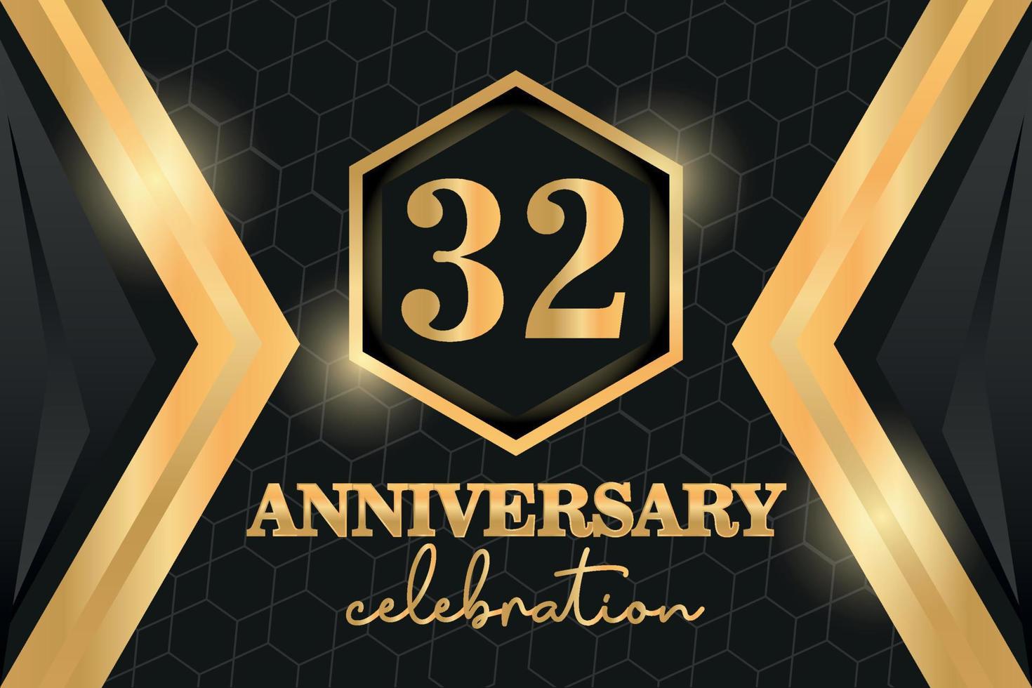 32 Years Anniversary Logo Golden Colored vector design  on black background template for greeting