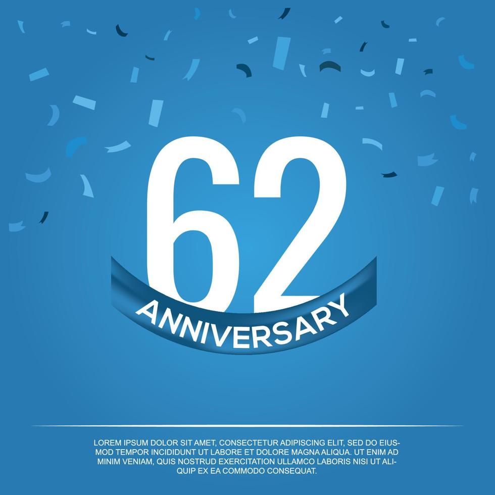 62nd anniversary celebration vector design with white color numbers and white color font on blue color background abstract