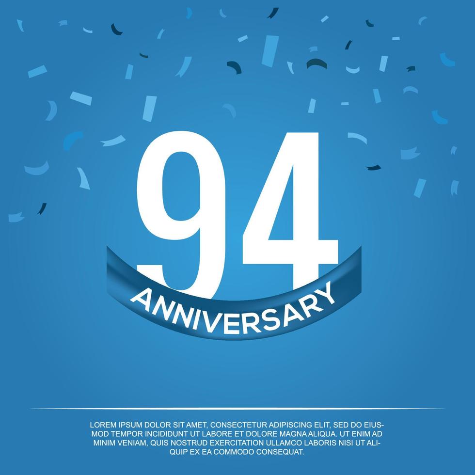 94th anniversary celebration vector design with white color numbers and white color font on blue color background abstract