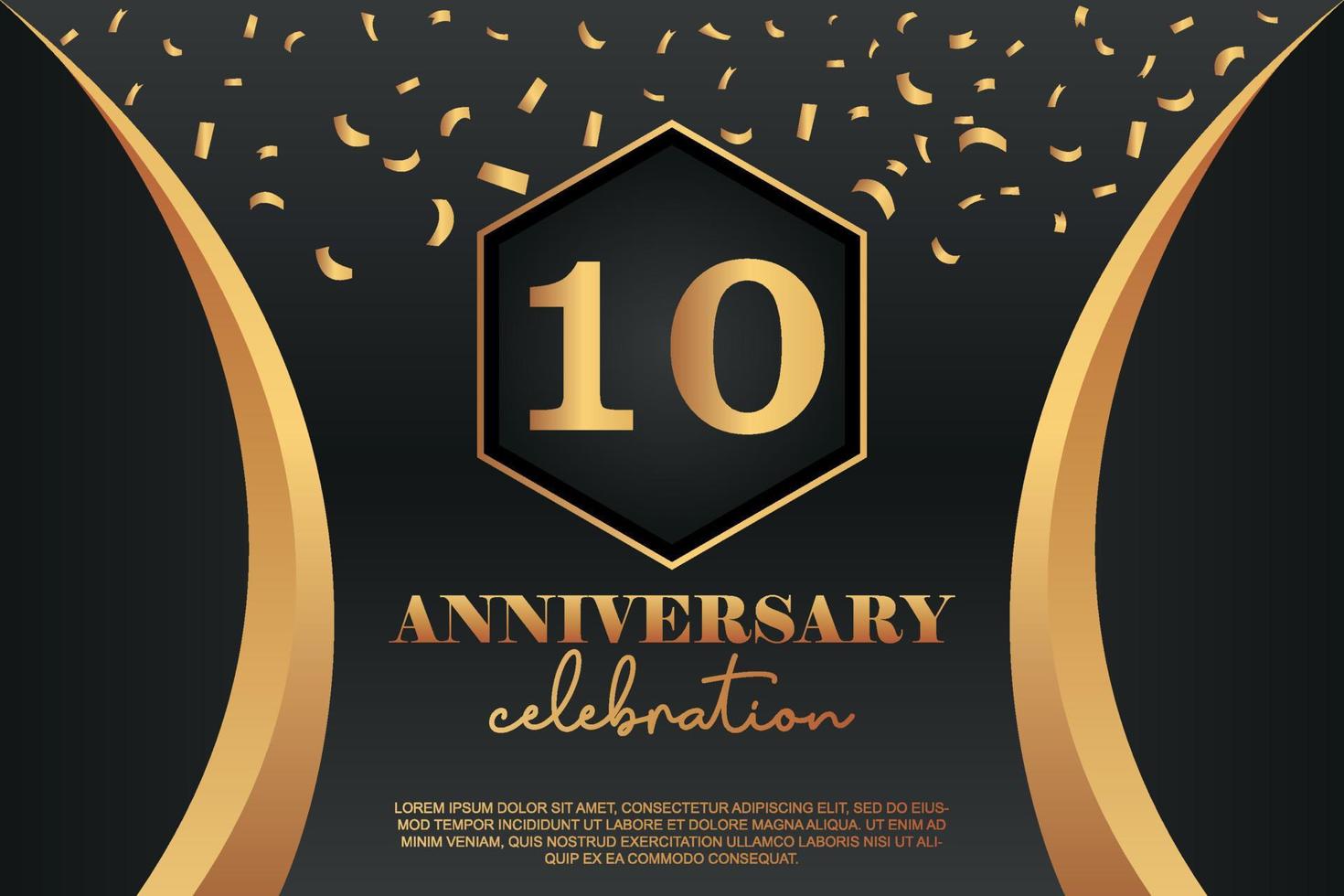 10th Anniversary celebration Logo with golden Colored vector design for greeting abstract illustration