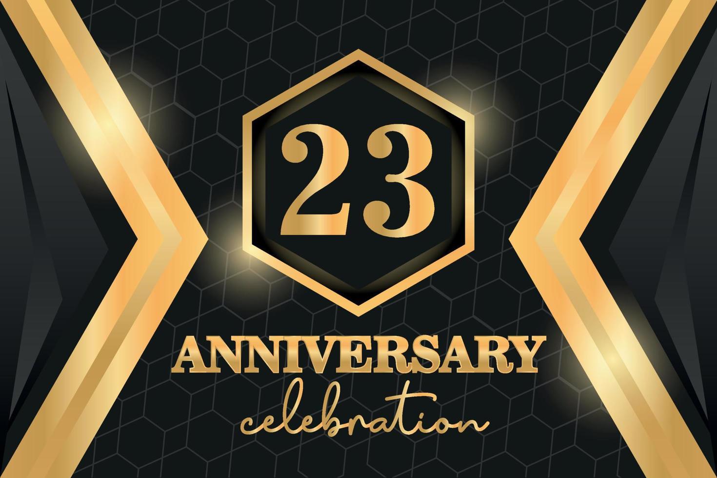 23 Years Anniversary Logo Golden Colored vector design  on black background template for greeting