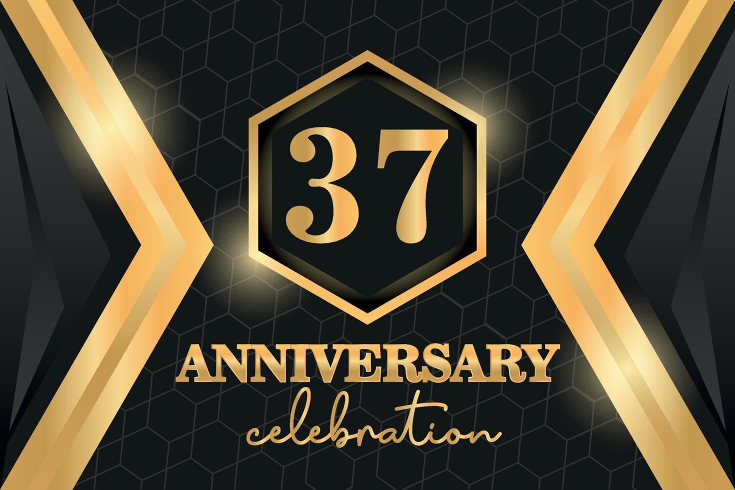 37 Years Anniversary Logo Golden Colored vector design  on black background template for greeting