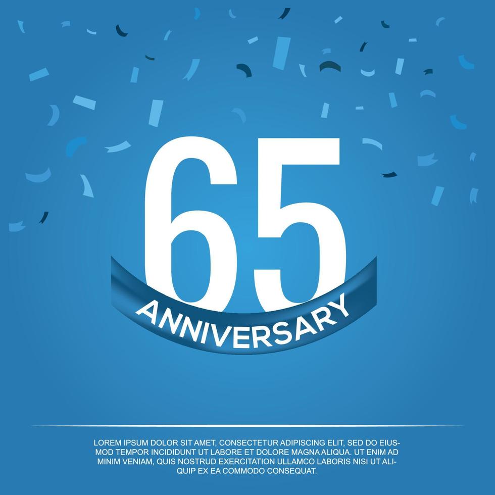 65th anniversary celebration vector design with white color numbers and white color font on blue color background abstract