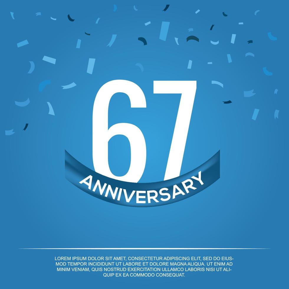 67th anniversary celebration vector design with white color numbers and white color font on blue color background abstract