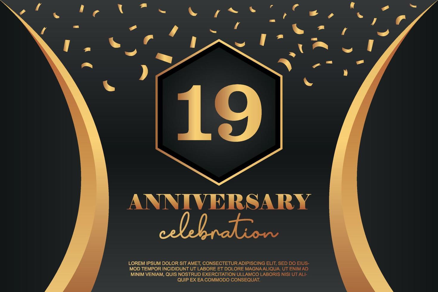 19th Anniversary celebration Logo with golden Colored vector design for greeting abstract illustration