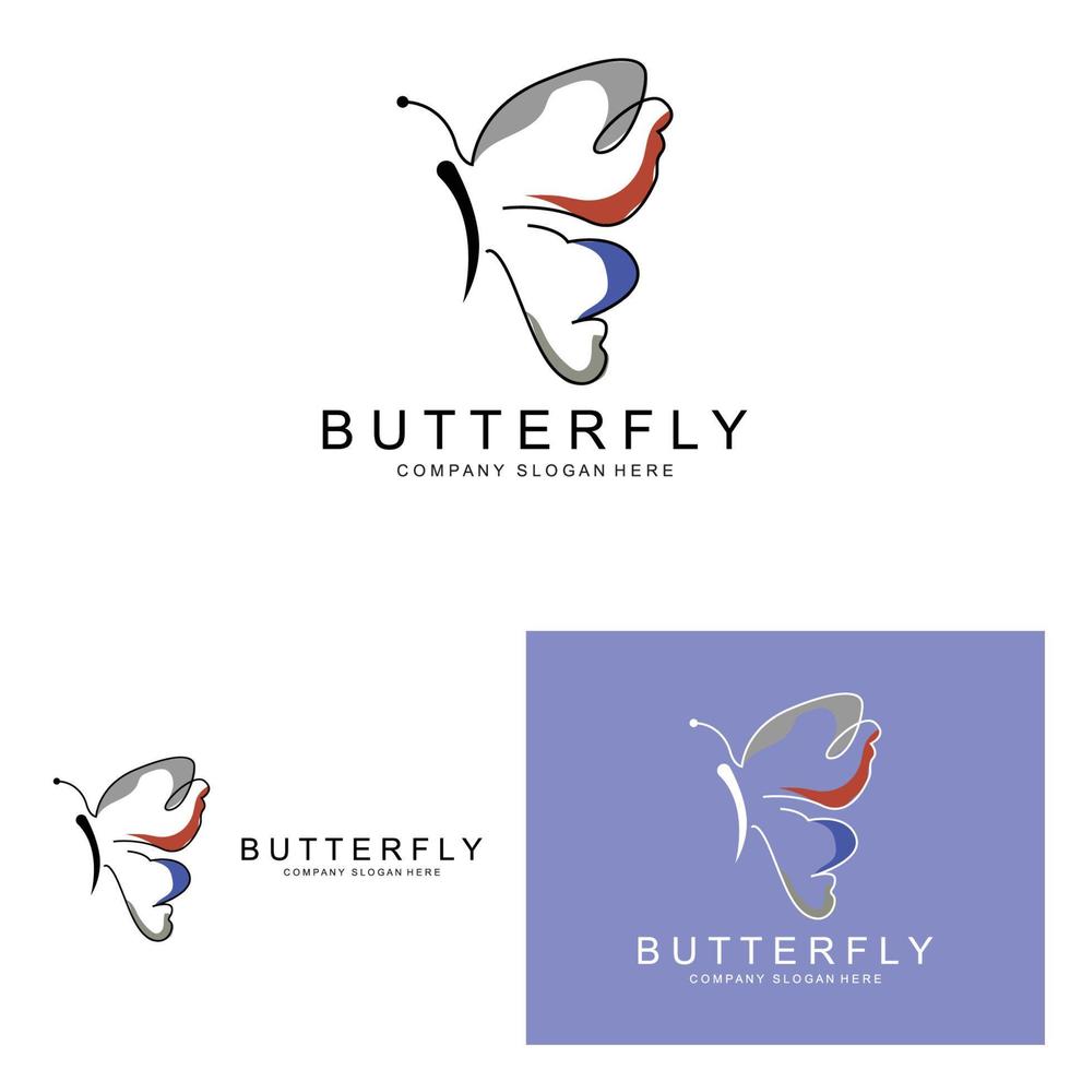 diseño de logotipo de mariposa, hermoso animal volador, ilustración de icono de marca de empresa, serigrafía, salón vector