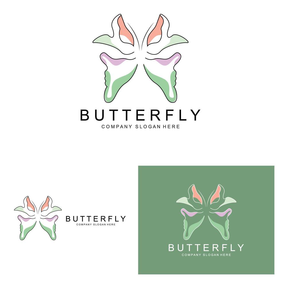 diseño de logotipo de mariposa, hermoso animal volador, ilustración de icono de marca de empresa, serigrafía, salón vector