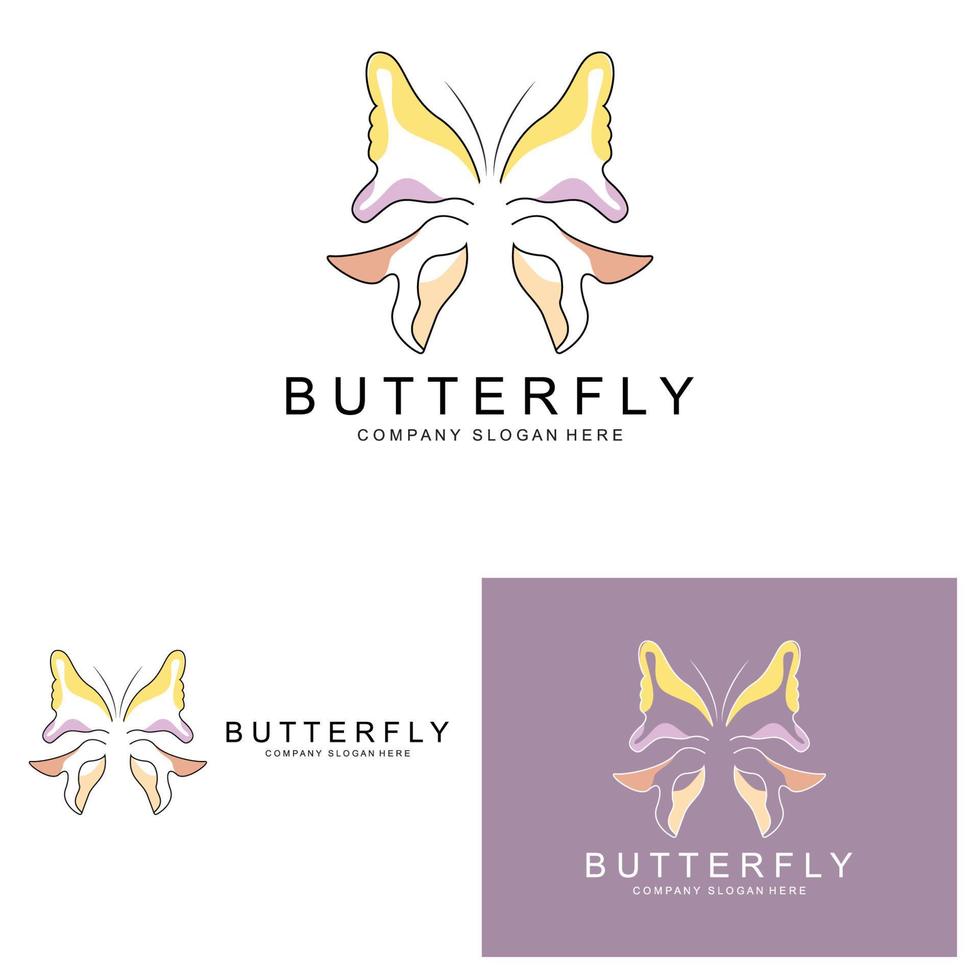 diseño de logotipo de mariposa, hermoso animal volador, ilustración de icono de marca de empresa, serigrafía, salón vector