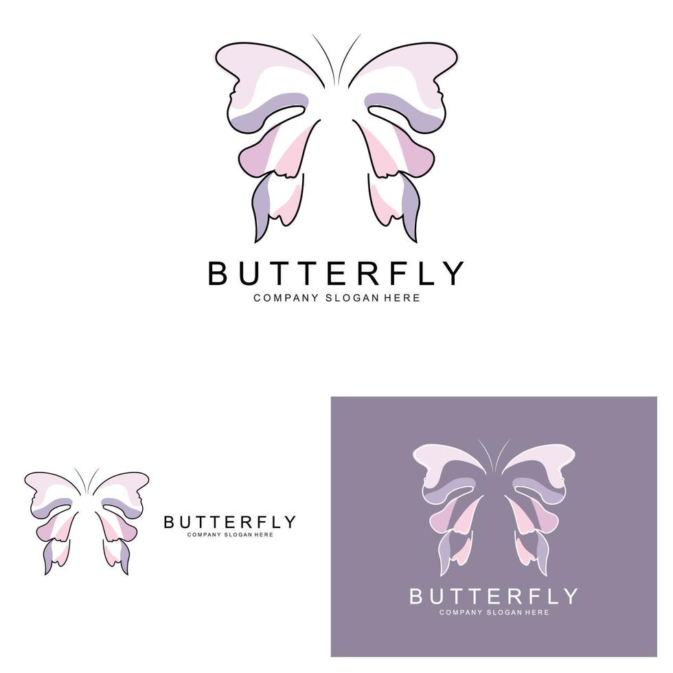 diseño de logotipo de mariposa, hermoso animal volador, ilustración de icono de marca de empresa, serigrafía, salón vector