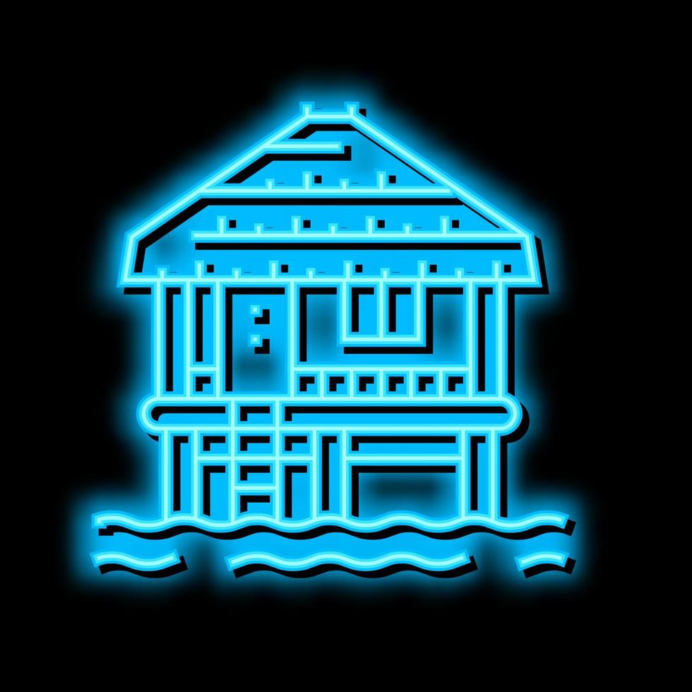 bungalow building on water neon glow icon illustration vector