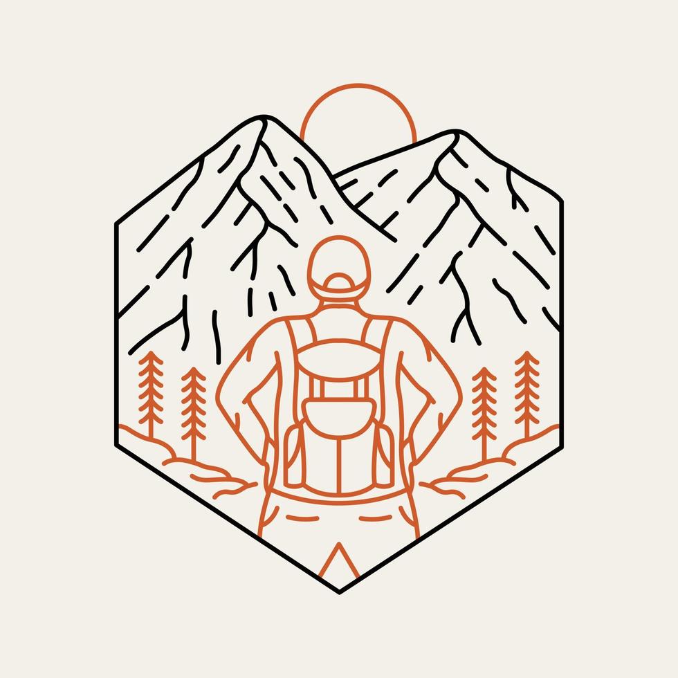 Backpacker Preparing to Climb the Top of the Mountain Monoline Design for Apparel vector