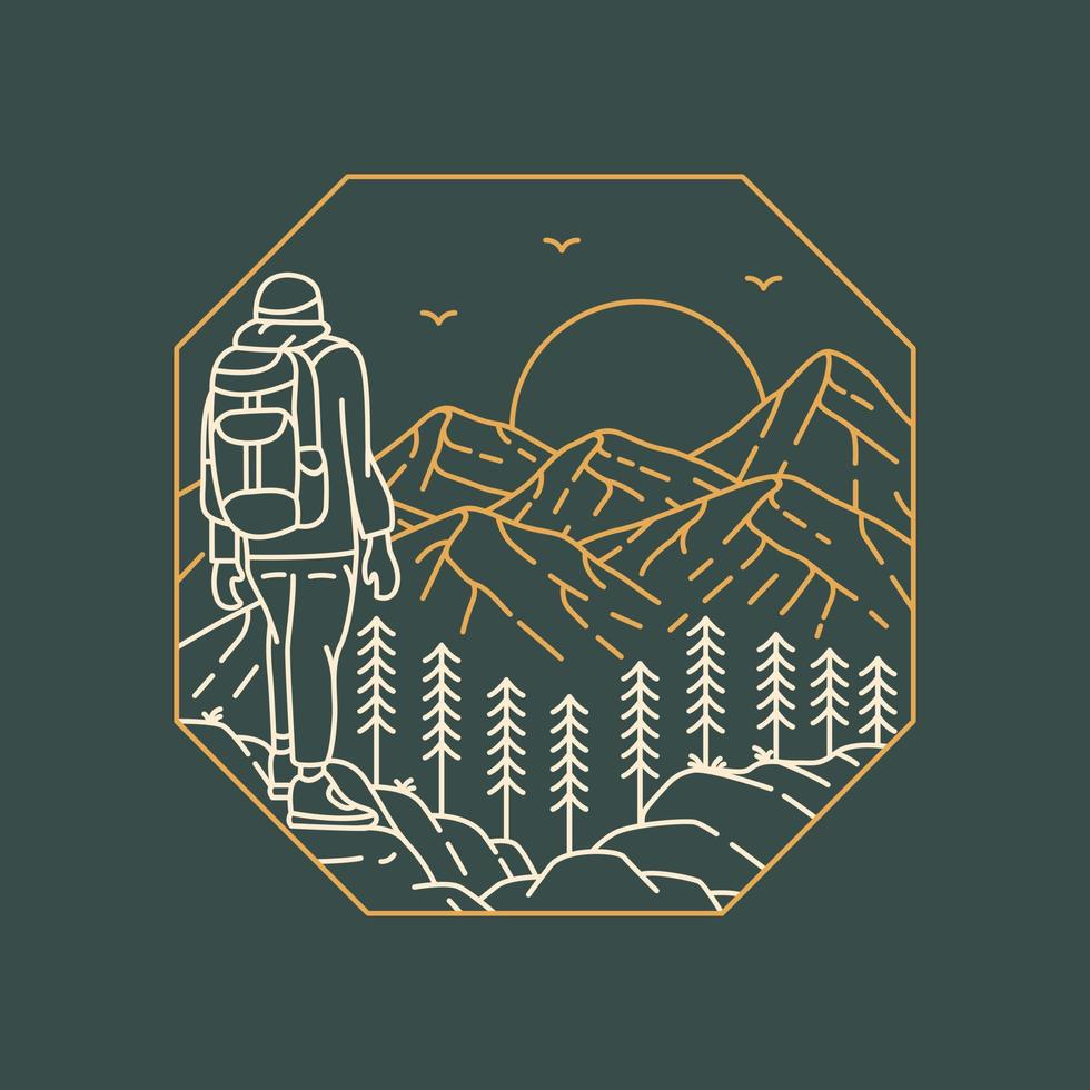 Backpacker Journey to the Top of the Mountains Monoline Design for Apparel vector