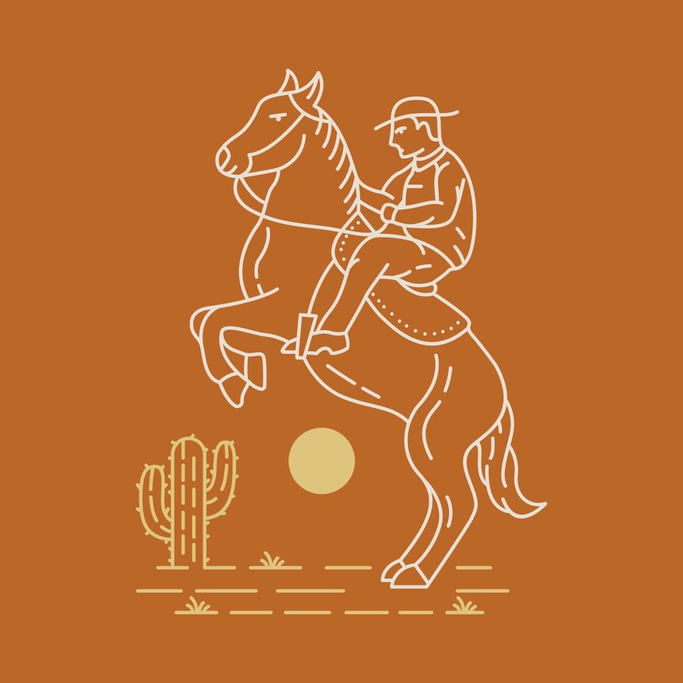 Cowboy Riding Horse in Desert Cactus Tree Monoline Design for Apparel vector