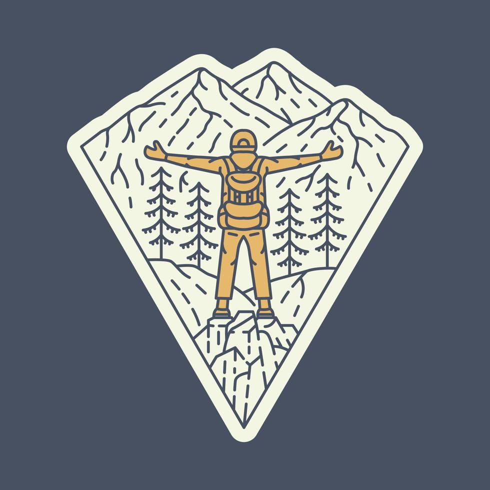 Mountain Climber Enjoying Nature Paradise View Monoline Design for Apparel vector