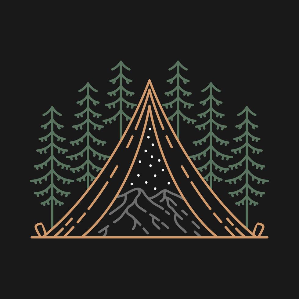 Mountains Inside a Camping Tent Monoline Design for Apparel vector