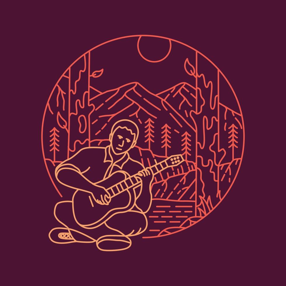 Playing Guitar in the Wild Forest Monoline Design for Apparel vector