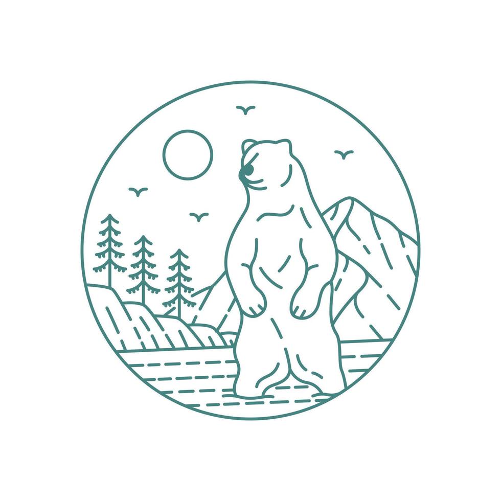 Wild Bear Hunting Fish in River Monoline Design for Apparel vector