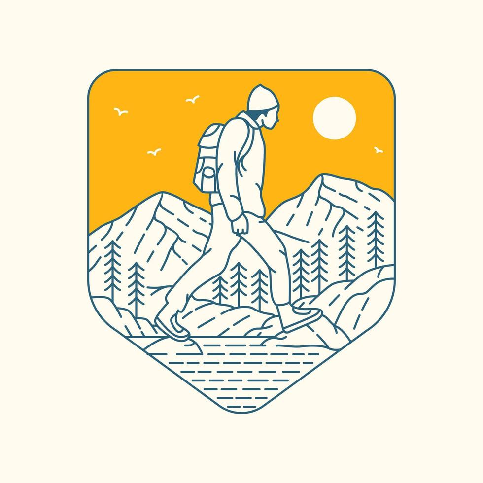 Backpacker Trip Across River, Forest, and Mountains Monoline Design for Apparel vector