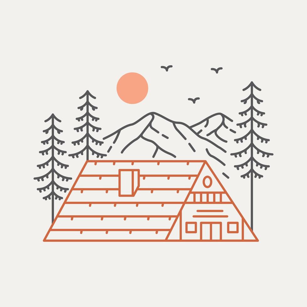 Overnight in the Middle Mountain Forest Cottage Monoline Design for Apparel vector