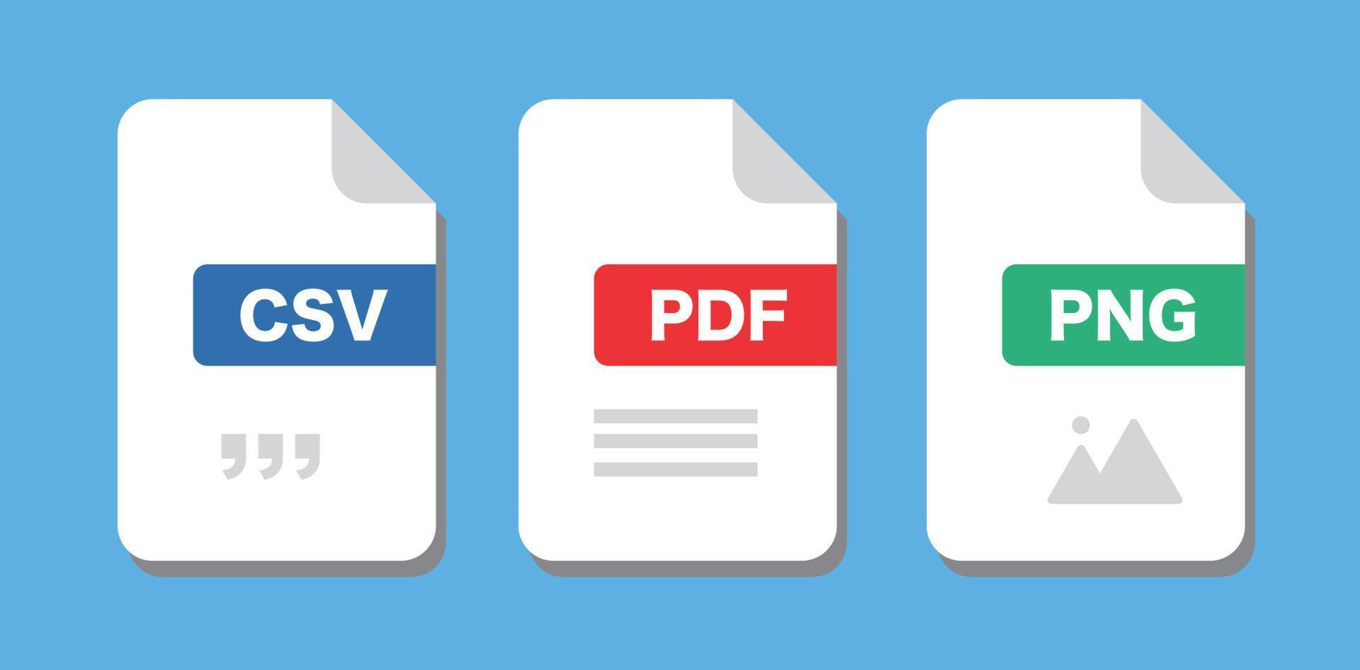 File Format Document icons. CSV, PDF, PNG. Vector. vector