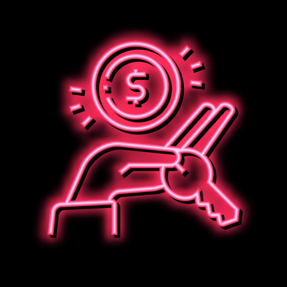 hand holding house key and coin neon glow icon illustration vector