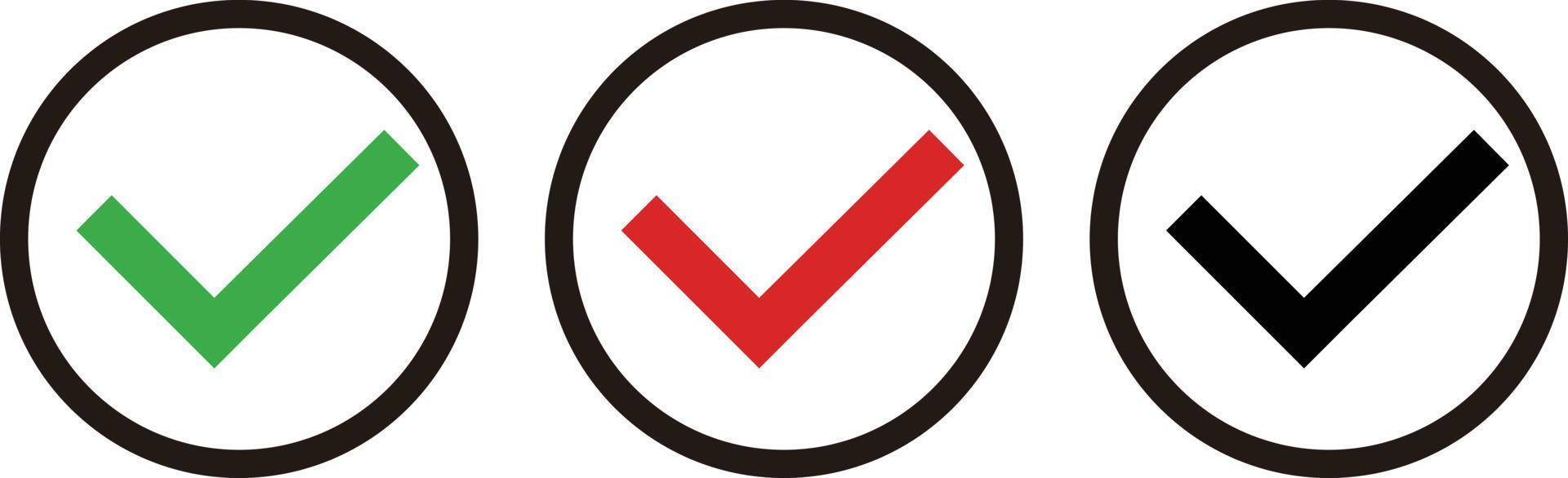 Green, red, and black check mark icon. Simple vector illustration of a round shape.