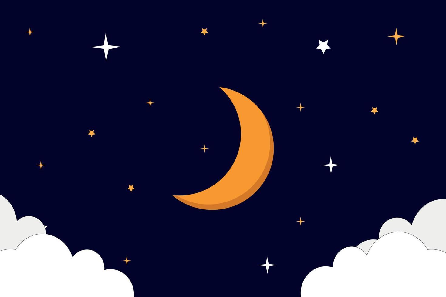 Vector night sky background stars and moon. crescent moon with clouds and stars in space