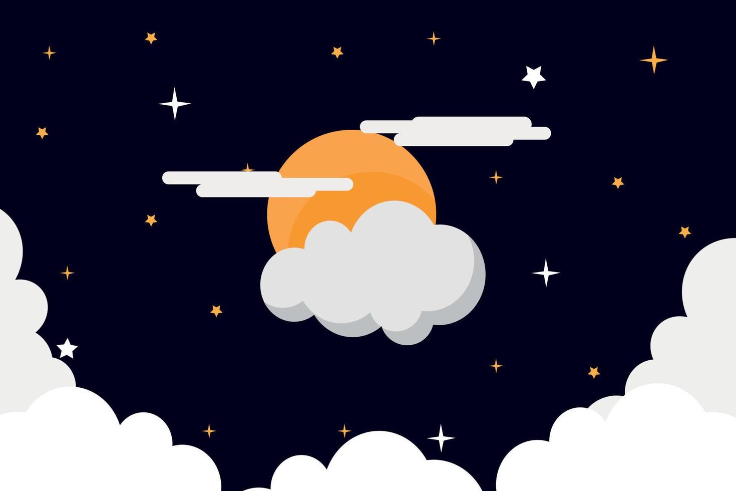illustration of moon covered with clouds in the night sky. Vector night sky background stars and moon. crescent moon with clouds and stars in space