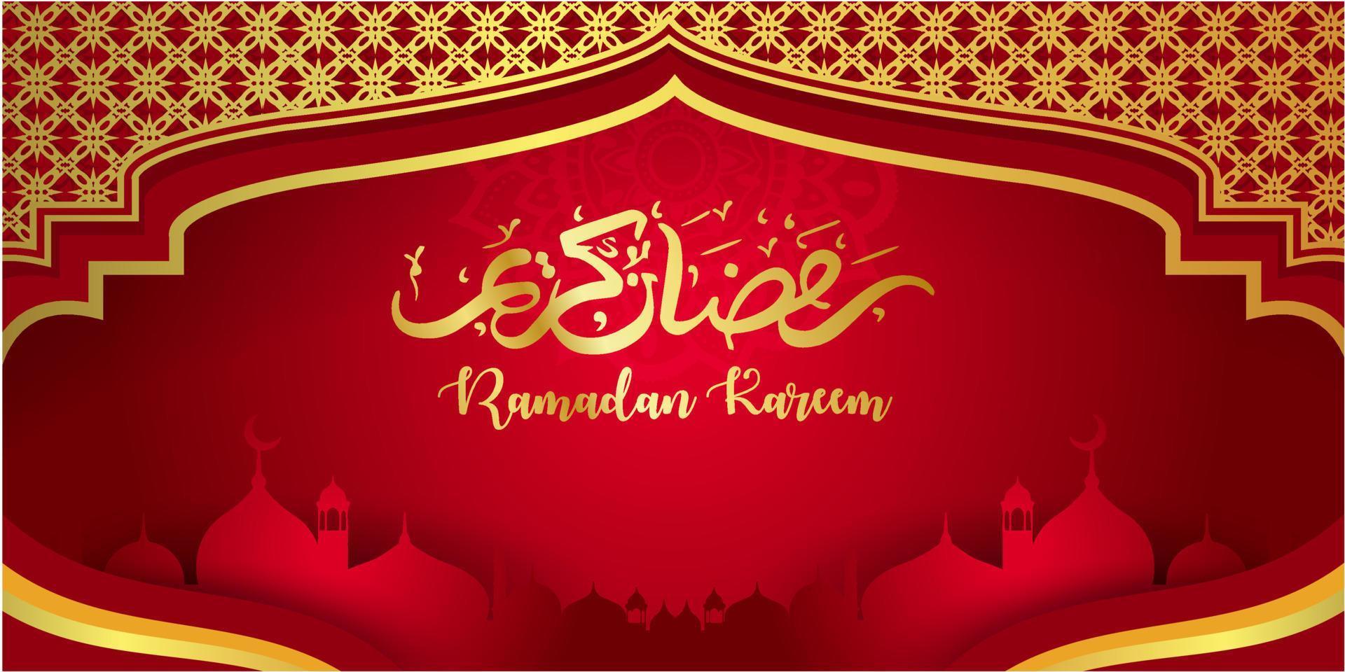 ramadan kareem concepto banner 3d marco dorado ventana árabe sobre fondo hermoso hermoso patrón árabe ilustración vectorial colgando luna creciente dorada y estrellas cortadas en papel en las nubes para texto vector