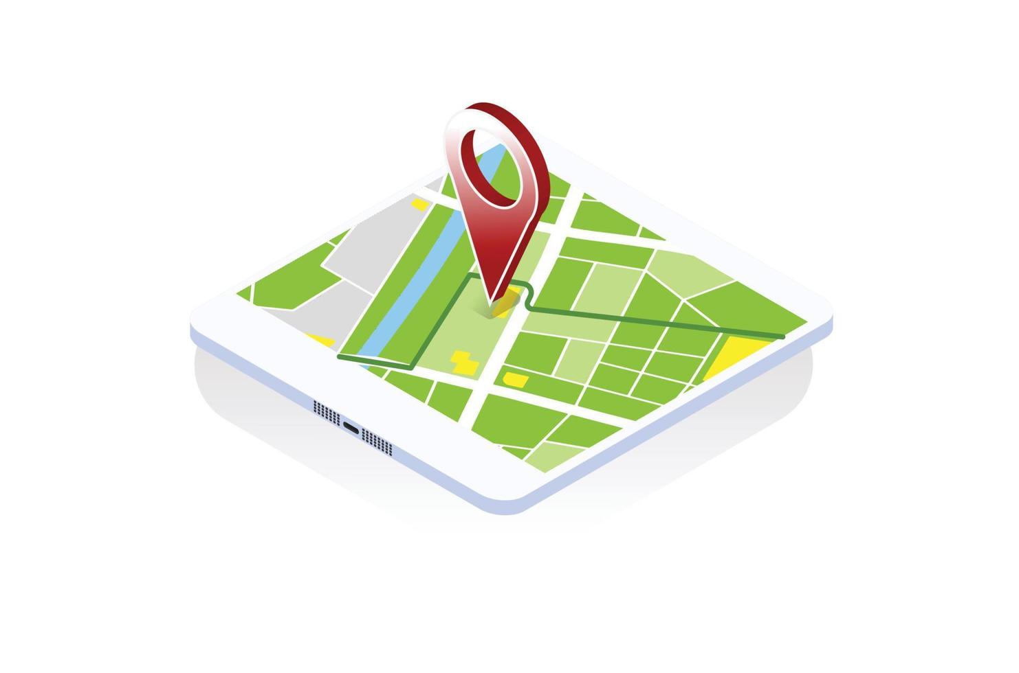 Modern isometric City map navigation in smartphone, point marker background, simple city plan GPS navigation, final destination arrow, paper city map. Route delivery checkpoint chart vector